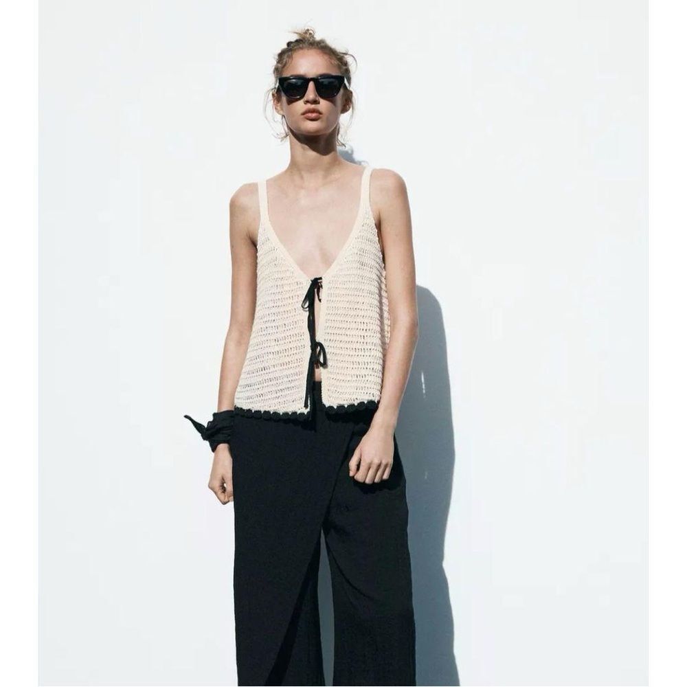 Zara Cream Knit Crop Top with Black Ties - Picture 2 of 5
